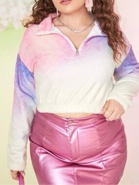 New Cute Soft Colorful Front Zip Collar Crop Sweatshirt - Women’s Plus 4XL (20)
